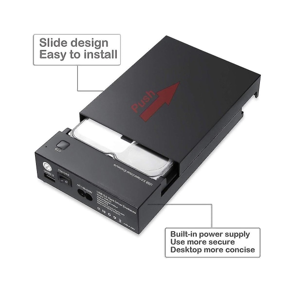 Usb 3.0 3.5in Sata-harddisk Disk Eksternt kabinett Ssd HDD-diskholderstøtte 16tb-stasjoner Backup-eu-plugg（Sort）