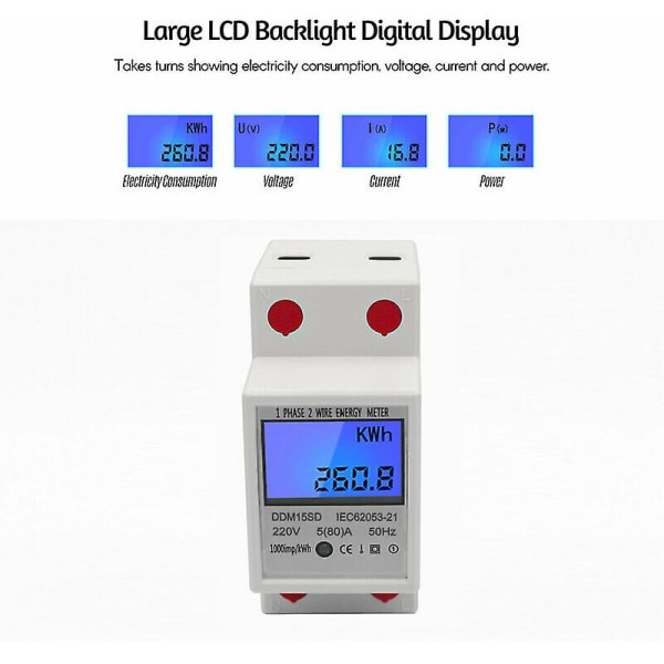EDF-mittari yksivaiheinen DIN-kiskon energiamittari 5-80A 220V 50Hz elektroninen kWh-mittari LCD-taustavalolla digitaalinen näyttö DDM15SD valkoinen - valkoinen_Aleko