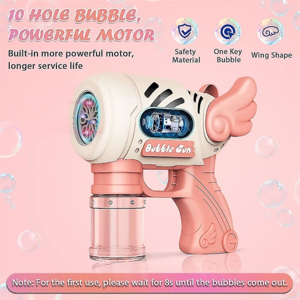 10 hullers boblepistol til børn sommer bobleblæsermaskine Blaster indendørs udendørs boblekaster Gatling legetøj julegave（Pink）