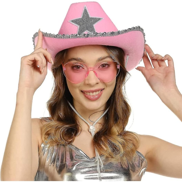Rosa Cowgirlhatt Cowboyhatt med hjertebriller - Rosa cowboyhatt med sølvpaljettstjerne - Halloween-dekor ku