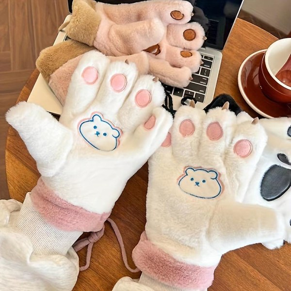 Söta björnpälshandskar för flickor att hålla sig varma på vintern Söta Plus sammet och förtjockade björnklor (vit rosa)
