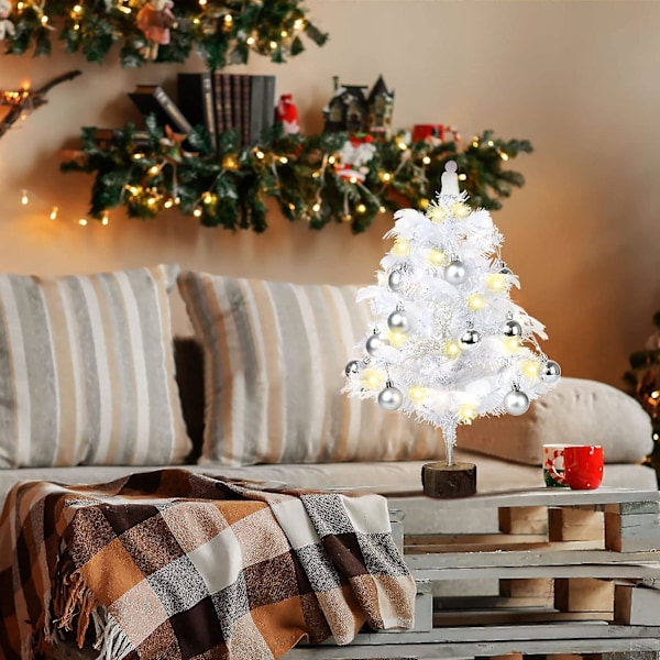Liten bordsjulgran med LED-lampor, vit fjäder bordsjulgran med glittrande älg, bolldekorationer (60 cm + ljus) -b