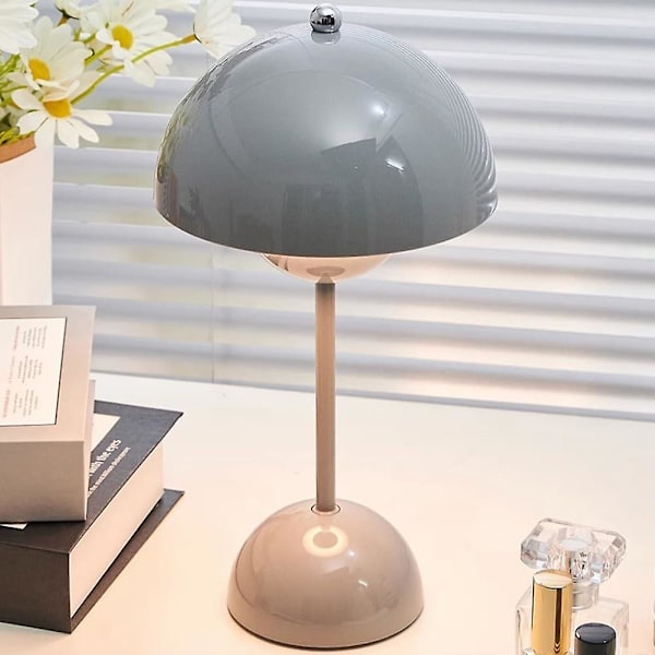 Led Blomsterpot Bordlampe Trådløs Batteri Sopplampe, Moderne Macaron Lampe Retro Touch Dimbar Bordlampe Med 3 Farger Sengetid(grå)