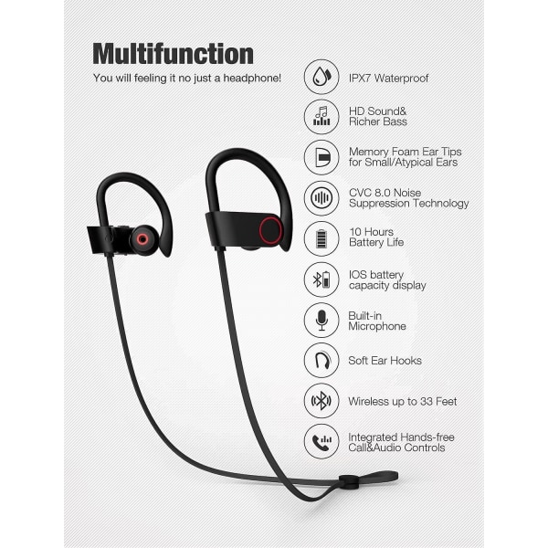 Bluetooth hörlurar, trådlösa hörlurar IPX7 vattentäta sporthörlurar 10H  speltid med Mic HD Ster 6294 | Fyndiq
