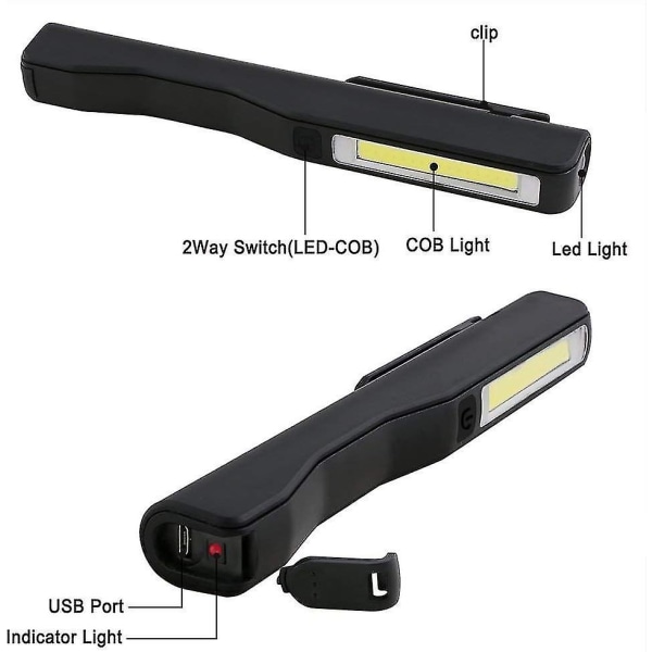 Genopladeligt USB-arbejdslys, 2 stk. Inspektionslampe Led Lommelygte, Magnetisk Clip Pocket Cob-lommelygte til hjemmet, værkstedet, camping, nødsituationer (sort og rød)