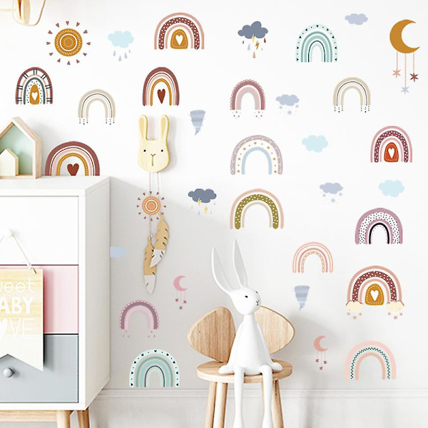 1 stk Regnbue Veggklistremerker Boho Regnbue Dekor Klistremerker Akvarell Sky Hjerte Sol Måne Stjerne Veggklistremerker for Jenter Gutter Baby Soverom Barnerom Veggdekor