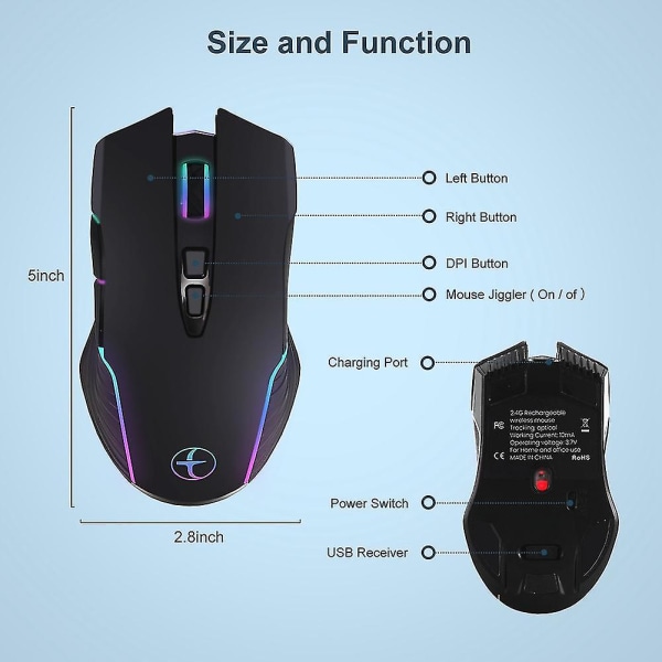 Wireless Mouse Mouse Jiggler Mouse Mover LED Oppladbar 2,4G Mause Ergonomic Mini Mouse USB Optical Mus 1600（svart）