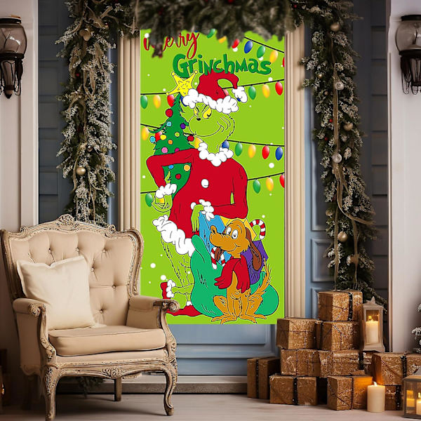 Juldörrdekorationer 90x180cm Grön Bakgrund Rolig Julhängande Bakgrund För Inomhus Utomhus Jultema Dörr