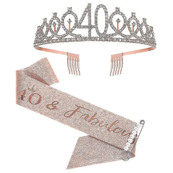 40-årsjubileumsrep og tiara rosegull Bursdagssash krone 40 & fabelaktig skulderstropp og tiara for kvinner