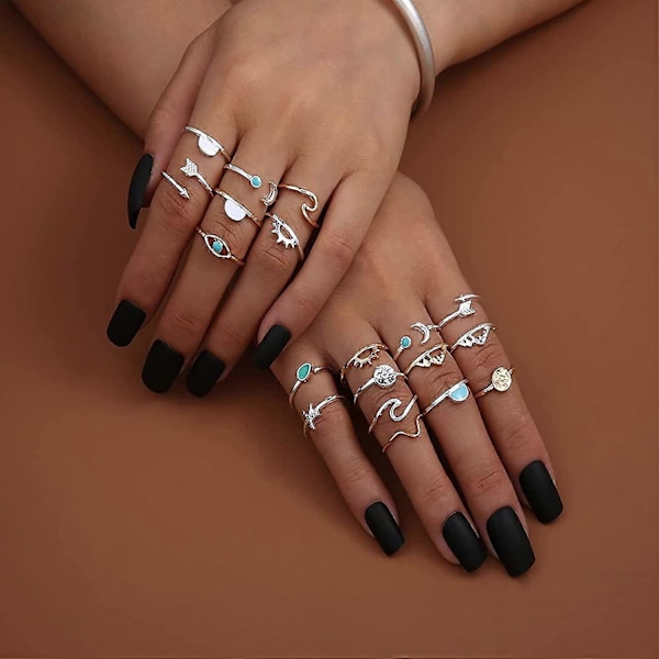 Boho Stackbara Ringar för Kvinnor Guld Knogring Set Enkla Stjärna Måne Blomma Ringar för Tonårsflickor Stackbara Estetiska Ringar Presenter för Tonåringar