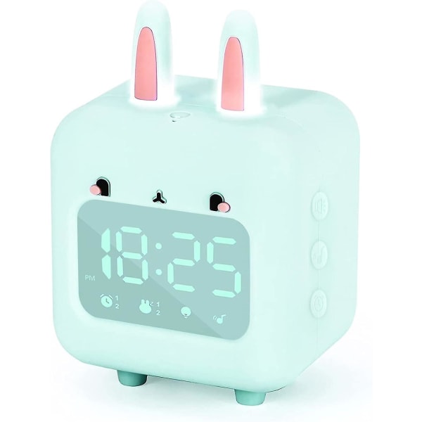 Digitalt vækkeur til børn, grønt, kanin, med natlys, timer og snooze-funktion, USB-genopladeligt sengeur, skolegave
