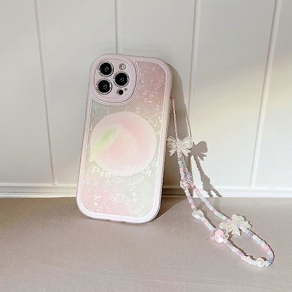 iPhone 13-fodral med kedja och söt rosett-hjärta armband för kvinnor och flickor, mjuk TPU stötsäker cover - Peach