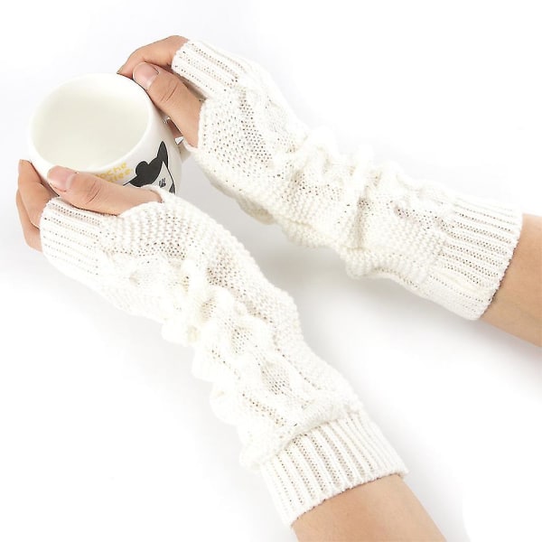 Kvinnor långa fingerlösa handskar Cover ärm Vintervärmare Thermal stickade vantar（Vita）