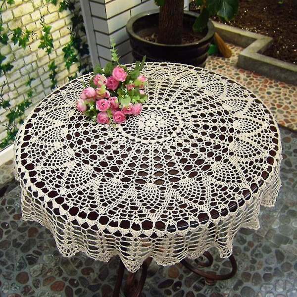 Handvirkad rund bomullsduk ihålig cover för bröllopsmatbordsduk （100 cm，beige）