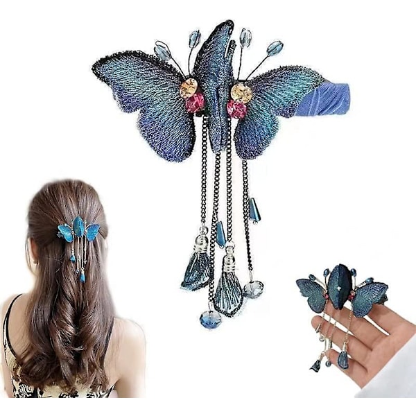 GHYT Temperament Fjäril Rhinestone Tassel Hårklämma, Fantasy Tassel Fjäril Utsökt Hårnål, Retro Elegant Metall Tassel Långt Hårklämma, Tassel