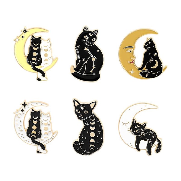 WABJTAM 6 Piece Enamel Lapel Pin Set, Cute Black Cat Enamel Pin, For Backpacks, Alloy Cat Enamel Brooch, Hat Decoration