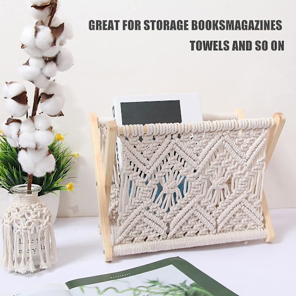 Boho-hylla | Fällbar Macrame Dekorativ Bokhylla Golvstativ | Stående Golvkorgar För Förvaring Av Böcker, Post, Fjärrkontroll Och Barnkammare, Hem, Sovrum D