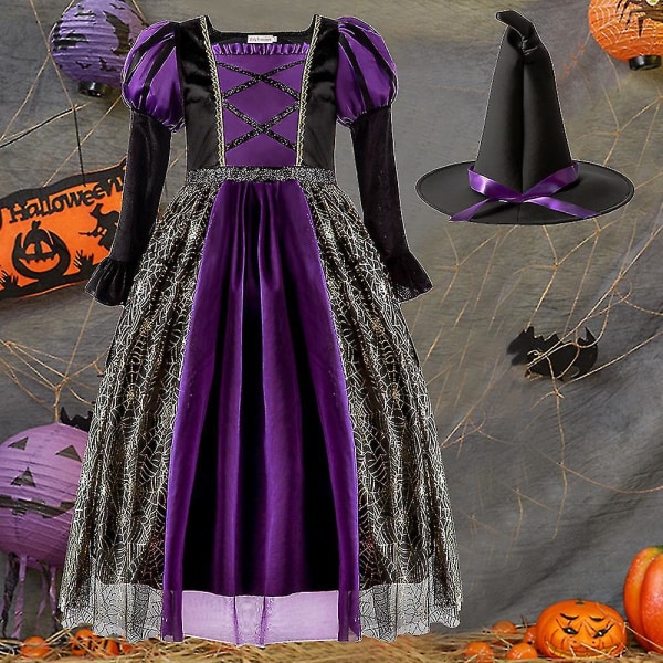 Børn piger Halloween fest hekse cosplay kjole langærmet gotiske hekse kjoler med hat_aw（9-10 år）