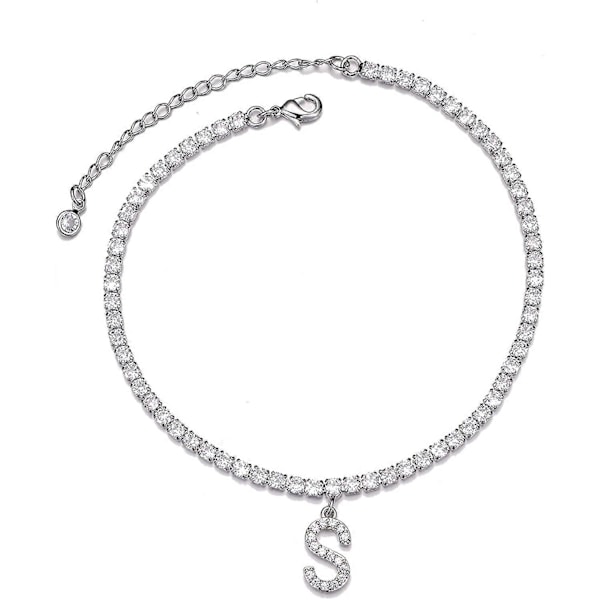 Initial Anklets för Kvinnor, Vitguldförgylld Söt Tenniskedja CZ Bokstavsanklets Sommar Smycken Presenter för Kvinnor Tonårsflickor N-silver -