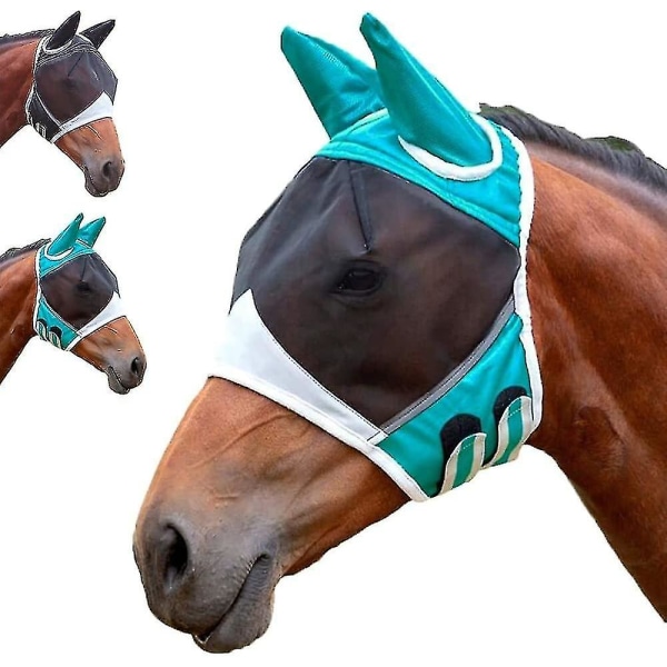 Hestefluemaske Uv-beskyttelse Hestefluemaske med ører Net/forlås hul/reflekterende trim Stretchy fluemaske til hest Åndbar fint net/øje Dart/krog