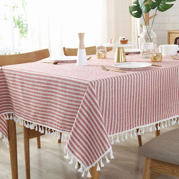 Bomulls- och linnelöpare med ränder och pompoms, fläck- och dammtålig för köksbordsdekoration (rektangel/avlång, 140x180cm, Röd)