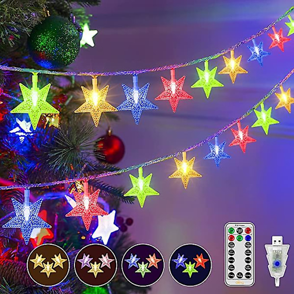 Julelys utendørs vanntett, 2 moduser 6,5 m 30 LED stjernestrenger - USB fargeskiftende, fjernkontroll for juletre soverom camping klasserom uteplass