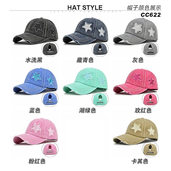 Ny hul lys version flet hat hestehale hat flash pentagram baseball cap vasket gammel hat damehat
