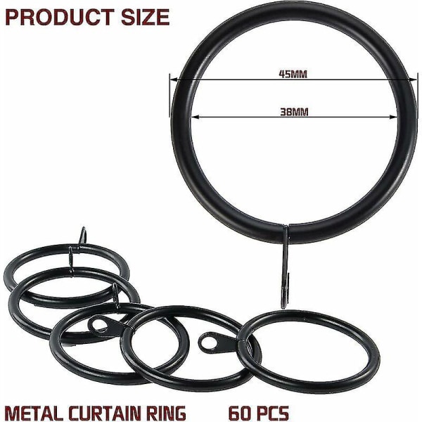 60 stycken metallgardinringhängare med fästögongardin och 38 mm invändiga stänger (svart)