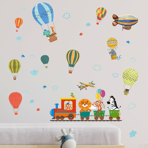 Tecknat djur varmluftsballong tåg självhäftande väggdekal kreativ klistermärke barns sovrum väggdekoration,1set