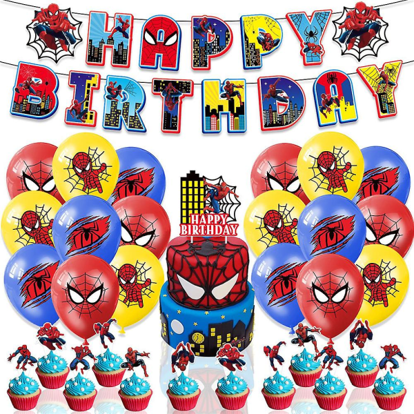 Spiderman Tema Födelsedagsfest Dekorationer Ballonger Tillbehör Banner Ballonger Tårta Cupcake Toppers Set
