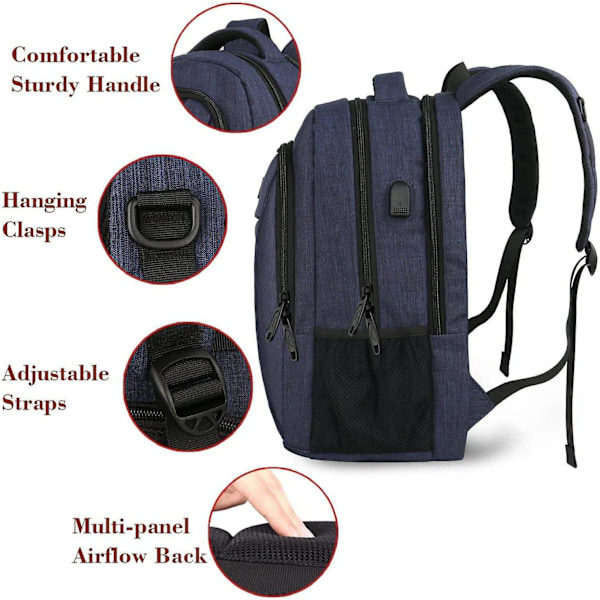 Laptopryggsäck med USB-laddningsport, smal reseryggsäck för män och kvinnor, vattenavvisande bokväska som passar 15,6 tums laptop, blå