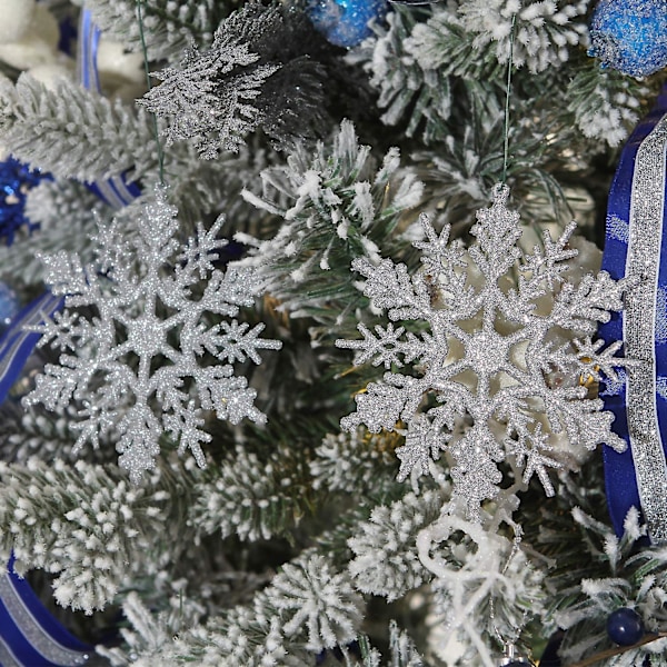 Plastjulkulor med glitter i snöflingform, julgransdekorationer, 10 cm, set om 36, silver