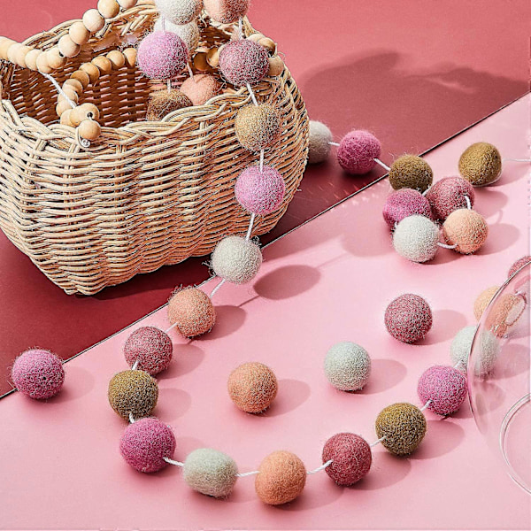 2 stycken ullfiltbollgirlang Färgglada Pom Pom-girlang Handgjord 2 meter lång 24 bollar Filtbollgirlangar för vägg Julgran Dekoration (Rosa,