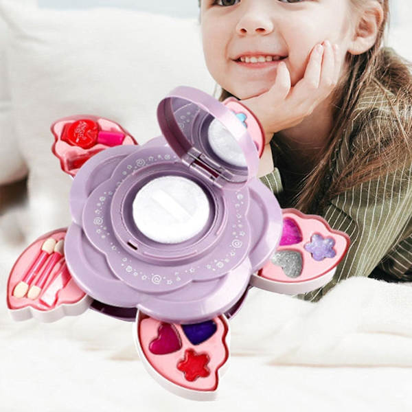 Sminkset för flickor - Blomformad prinsesskosmetika låtsasleksaker, tvättbara barnriktiga kosmetiska leksaker för fest (Sye-09 2 lager)