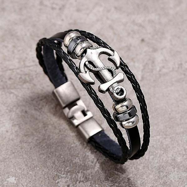 Wabjtam Handgjord äkta läderomslag armband för män - Metallankare krok herr läderarmband, herr smycken-3 st