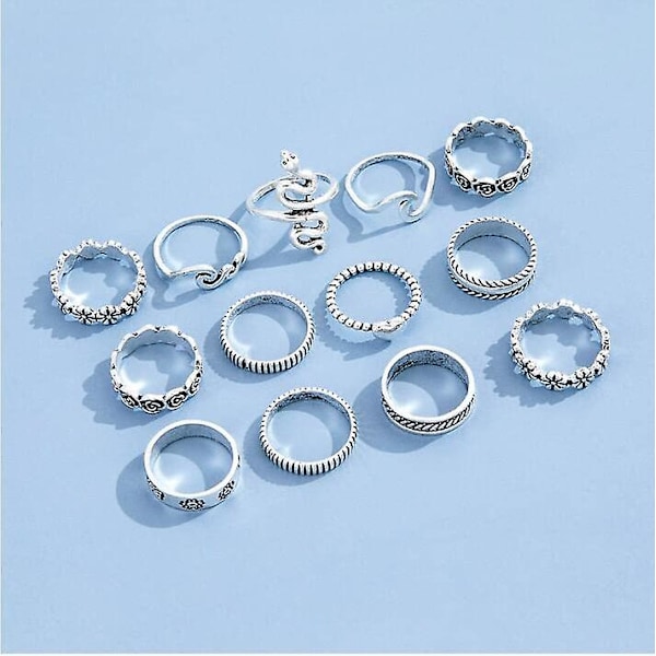 13 st Boho-ringar i silver, knogringar, statement-ormringar, set för tonårsflickor, Fesvital smycken, Halloween-fest, julklapp