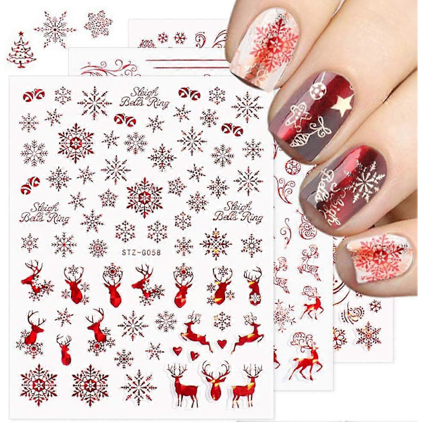 Julnagelklistermärken - 2021 Nya 3D Snöflinga Nagelkonst Dekaler Metallisk Röd Snöflinga Älg Snögubbe Jultomte Träd Godis Självhäftande Nageldekor