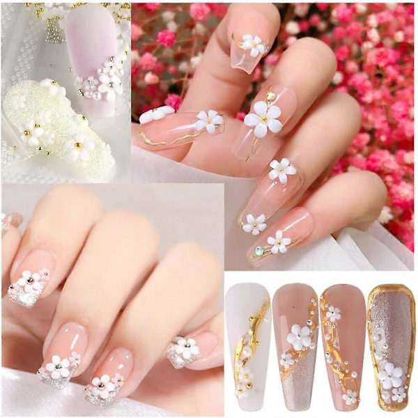 3D Blomster Nagelkonst Charm, 250 st Vit Blommor Nagel Strass Kit 3D Kristall Nagel Pärlor Platt Design Akryl Nagelkonst Dubbar Manikyr Nagel Tillbehör