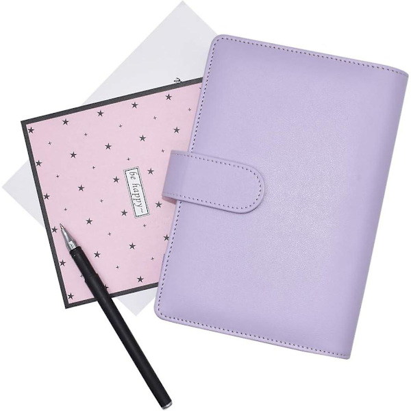 A6 PU-nahkainen muistikirjan kansi 6 pyöreällä rengaskansiokannella, A6-täyttöpaperille (sisäpaperi ei sisälly) Magneettilukolla suljettava budjettikansio, laventeli