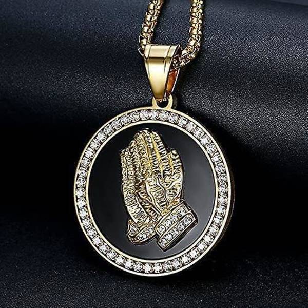 Hip Hop Iced Out Praying Hand Pendant Med Mænds Kæde Guld Farve Rustfrit Stål CZ Charm Rund Halskæde Smykker Gave