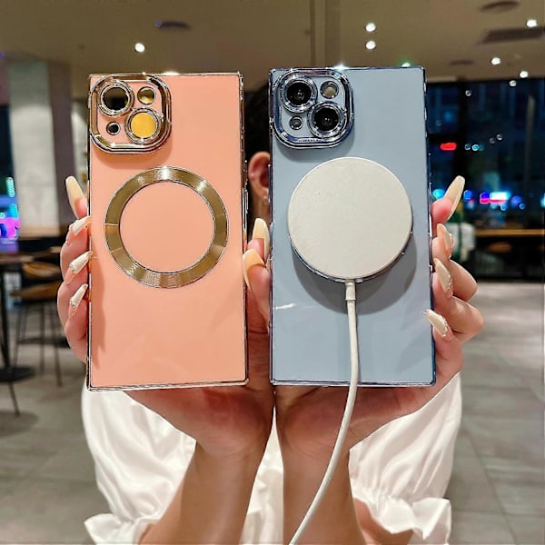 iPhone 15 Plus [MagSafe-kompatibel] Fullt Kameraskydd & Elektropläterade Förstärkta Hörnskydd Stötsäker Mjuk TPU Kant Bumper Case (Blå)