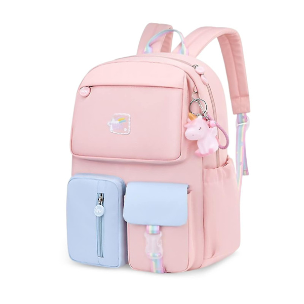 Ryggsäck för flickor, vattentät, lätt, stor kapacitet, barnryggsäck, grundskola = (rosa)