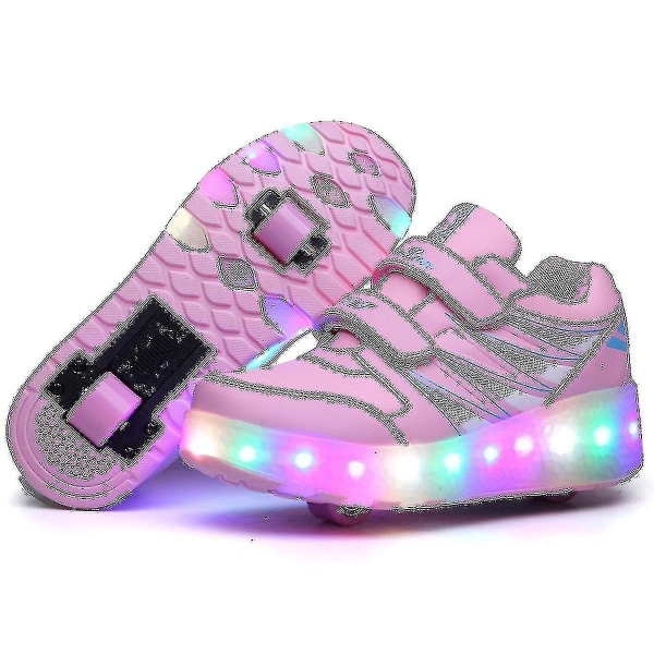 2022 nya Led Light Up Roller Shoes Double Wheel USB Uppladdningsbara skridskoskor（32，Rosa）