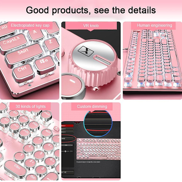 Retro Mekaniskt Gaming Tangentbord 104 Tangenter, LED-bakgrundsbelyst Mekaniskt Datortangentbord med USB-punk Vit Puder Vit