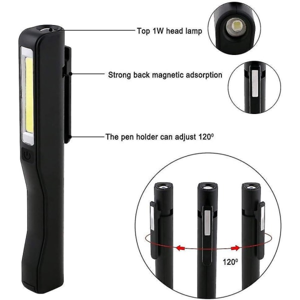 Genopladeligt USB-arbejdslys, 2 stk. Inspektionslampe Led Lommelygte, Magnetisk Clip Pocket Cob-lommelygte til hjemmet, værkstedet, camping, nødsituationer (sort og rød)