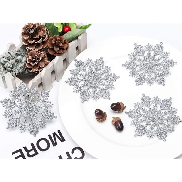 Plastjulkulor med glittrande snöflingor, julgransdekorationer (4''/10cm, silver)