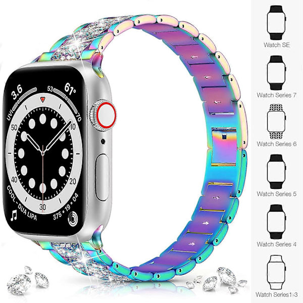 Armband för Apple Watch 45mm 44mm 42mm Serie 7 Serie 6 5 4 3 2 1 SE, Bling Ersättningsarmband iWatch Armband, Diamant Strass Rostfritt Stål Metall W