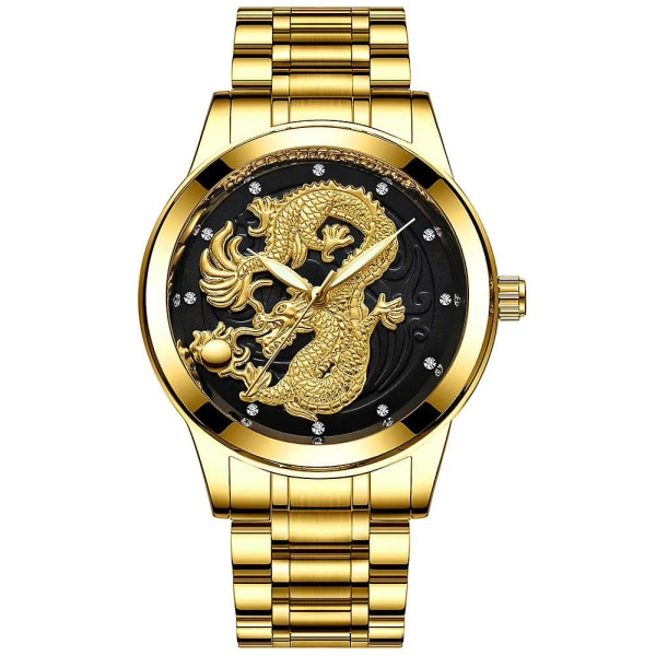 Herr Dragon Carved Watch Quartz Analog Sport Rostfritt Stål Lysande Armbandsur Guld och Svart