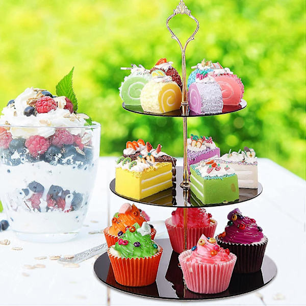 3-vånings Akryl Rund Klar Cupcakesställ Desserttorn Ställ Kakor Cupcakes Displayställ för Bröllopsgodis Födelsedagsfest Dusch (Svart)