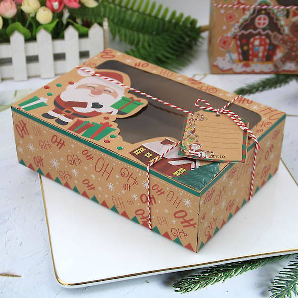 3 st julgodisaskar i kraft med fönster för presentförpackning, stora julbaklådor med lock för bakverk, cupcakes, godis, 21 x 15 x 9,5 cm
